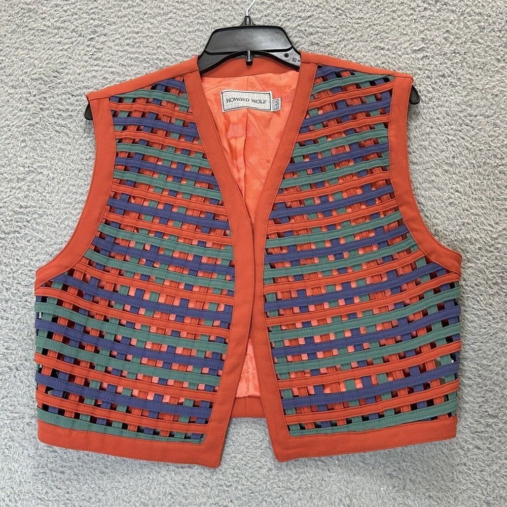 Vintage Howard Wolf Vest Womens‎ 14 Orange Lattice Open Front Cropped Lined USA